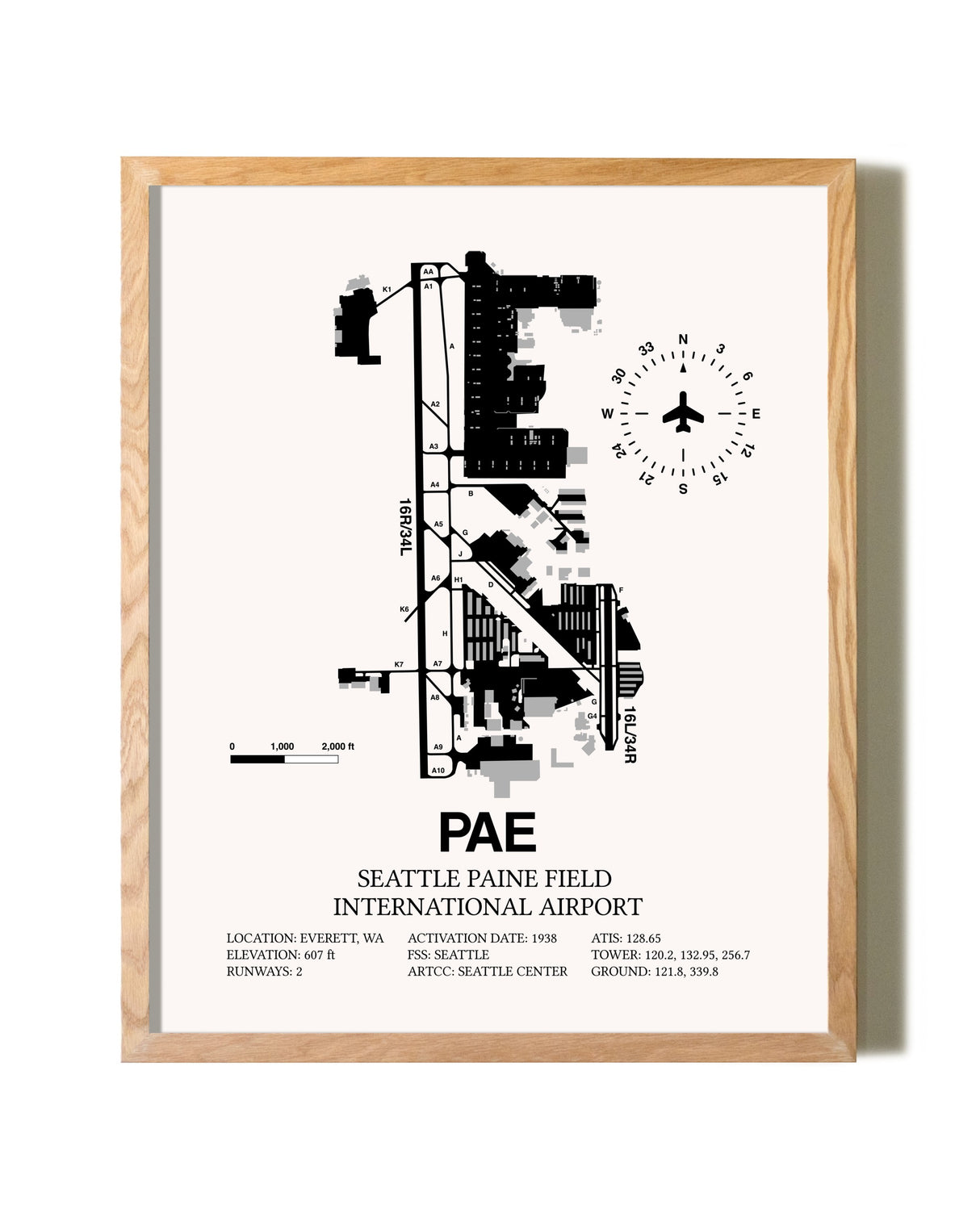 Seattle Paine Field International Airport framed print in natural wood frame