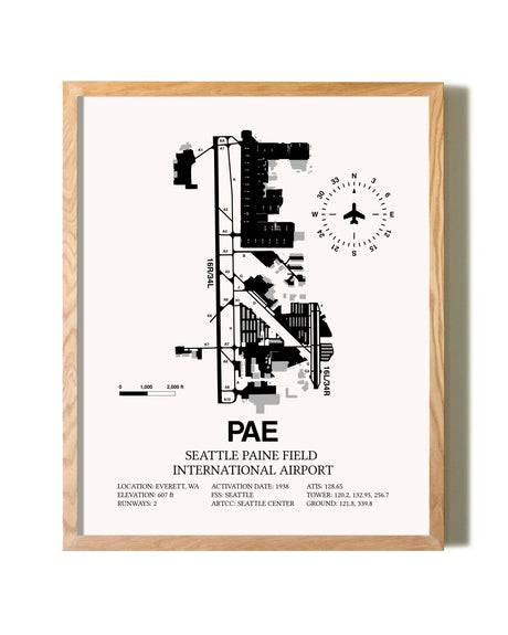 Seattle Paine Field International Airport framed print in natural wood frame