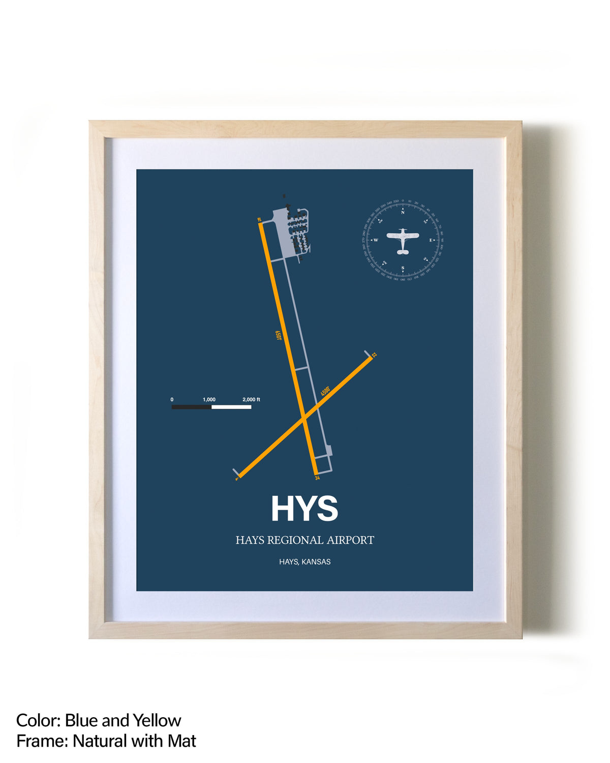 Hays Regional Airport framed print in natural wood frame with mat