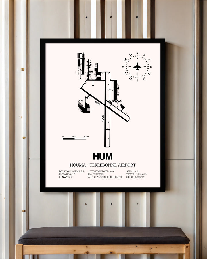 Houma-Terrebonne Airport framed poster displayed in an airplane hangar