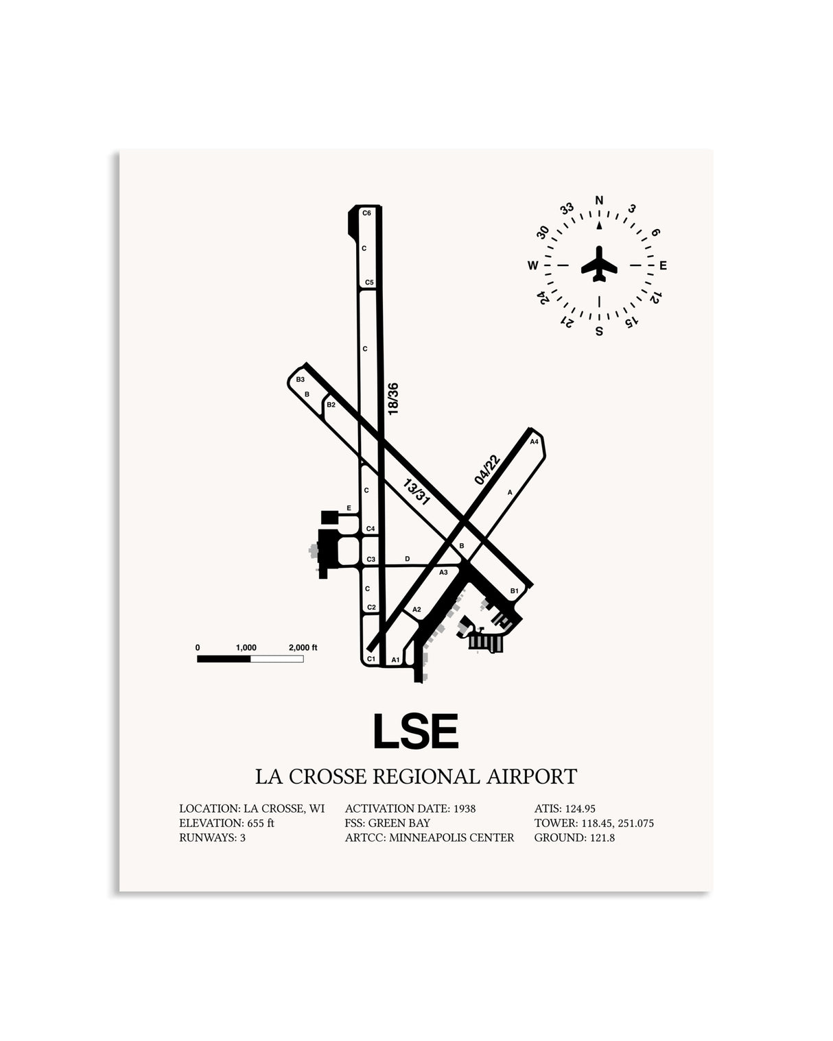 Gray La Crosse Regional Airport framed poster displayed in an airplane hangar