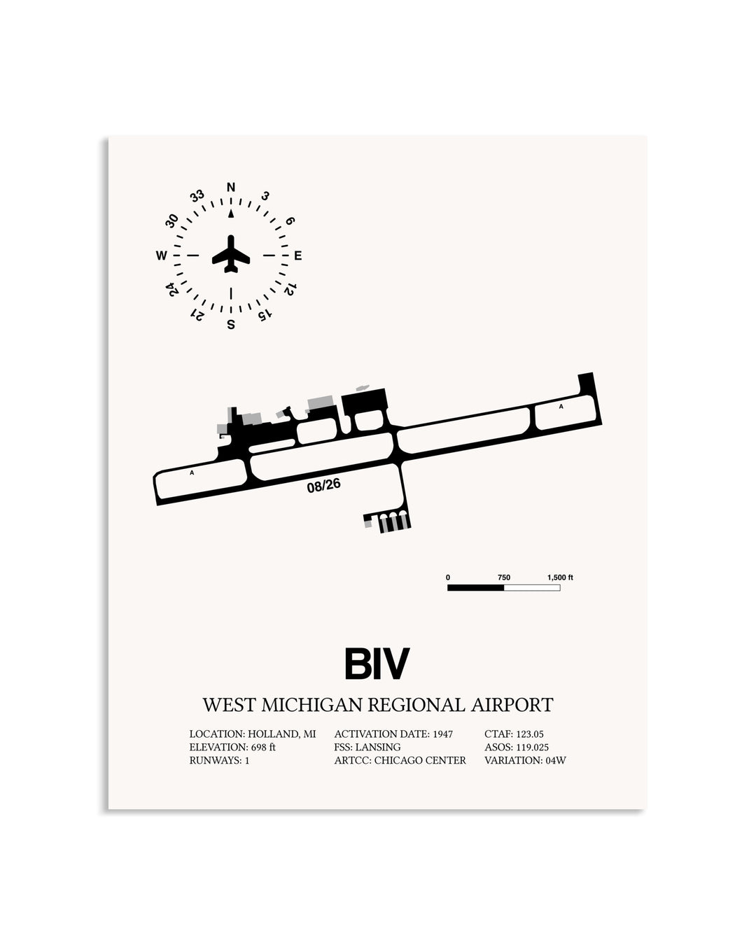 Gray West Michigan Regional Airport framed poster displayed in an airplane hangar
