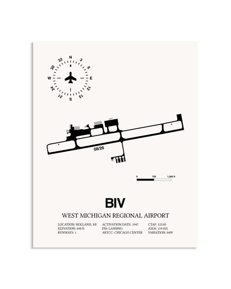 Gray West Michigan Regional Airport framed poster displayed in an airplane hangar