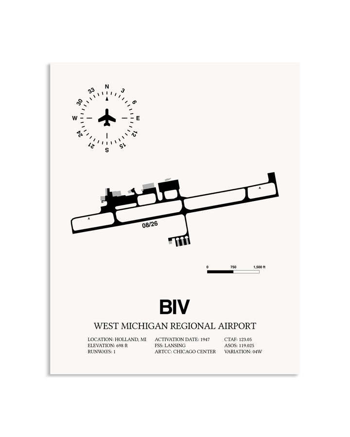 Gray West Michigan Regional Airport framed poster displayed in an airplane hangar