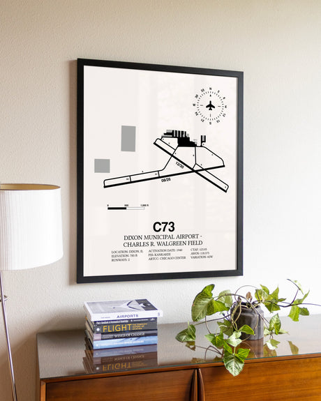 Dixon Municipal Airport-Charles R. Walgreen Field aviation wall décor in black wood frame