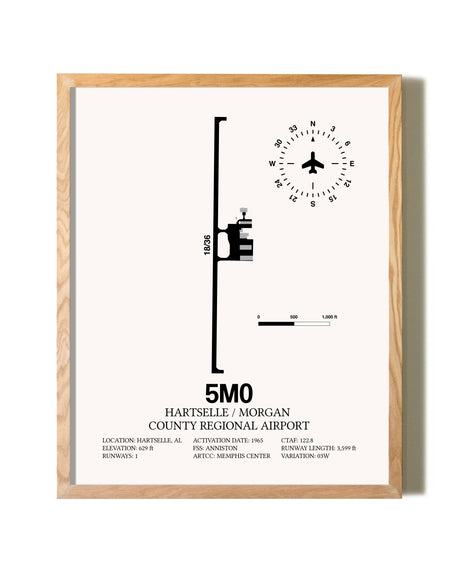 Hartselle / Morgan County Regional Airport framed print in natural wood frame