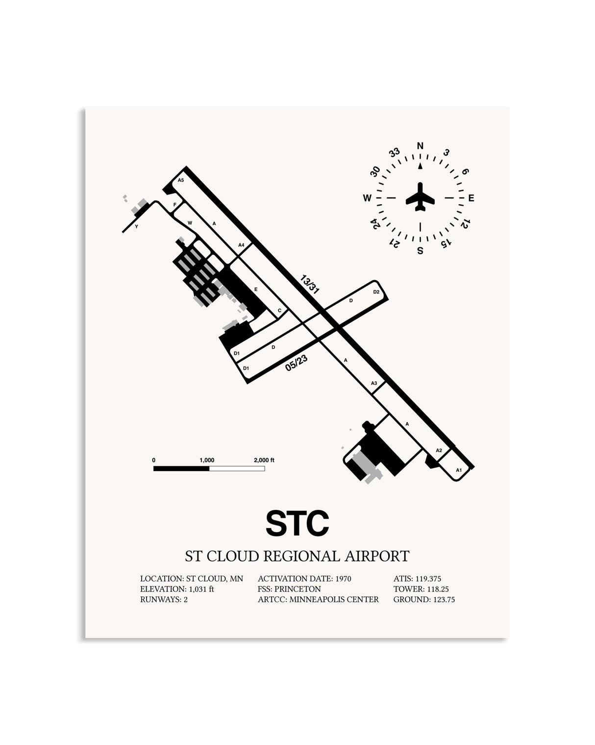 Gray St. Cloud Regional Airport framed poster displayed in an airplane hangar