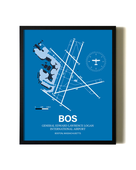 Sky Blue Boston Logan International Airport aviation wall décor in black wood frame