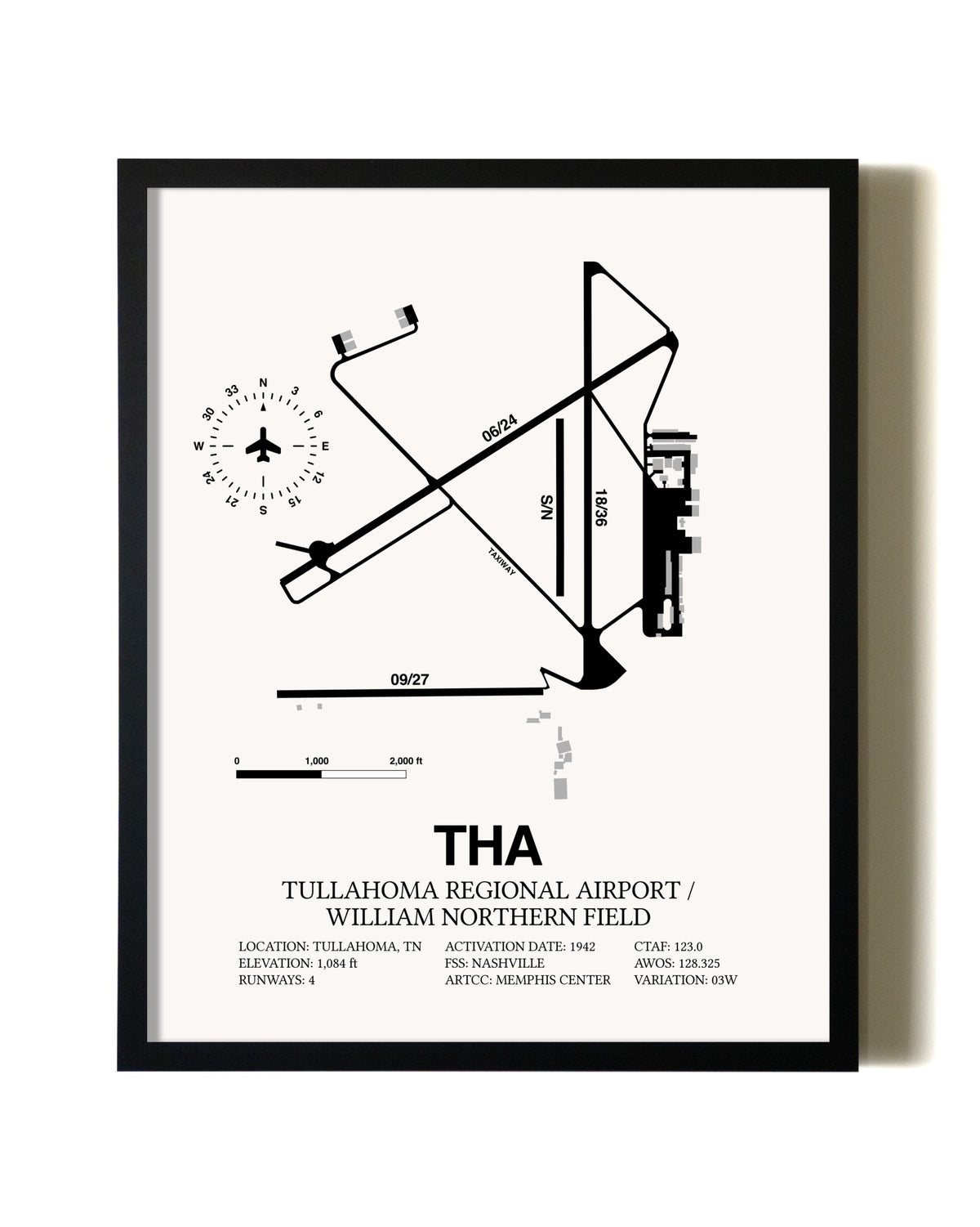 Framed Tullahoma Regional Airport / William Northern Field wall art poster in black frame