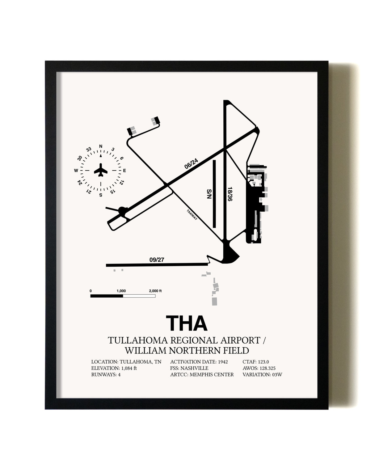 Framed Tullahoma Regional Airport / William Northern Field wall art poster in black frame