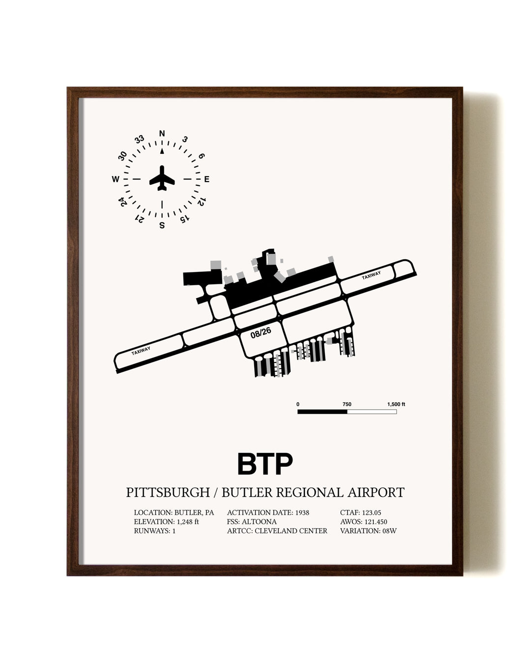 Pittsburgh / Butler Regional Airport aviation print in walnut frame