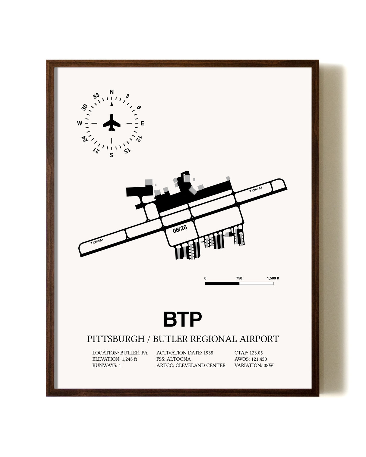 Pittsburgh / Butler Regional Airport aviation print in walnut frame