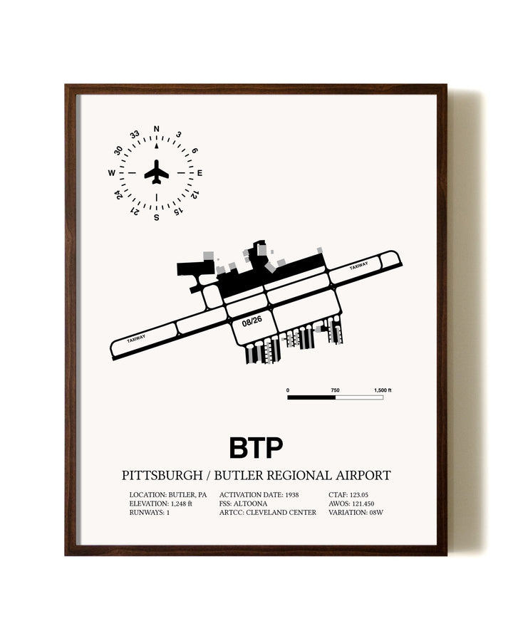 Pittsburgh / Butler Regional Airport aviation print in walnut frame