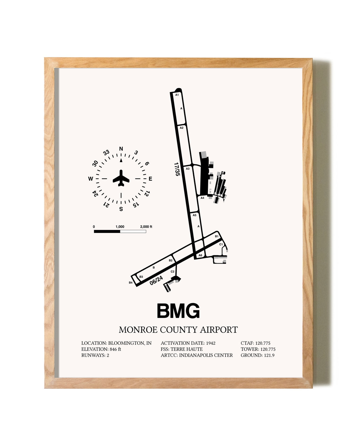 Monroe County Airport framed print in natural wood frame