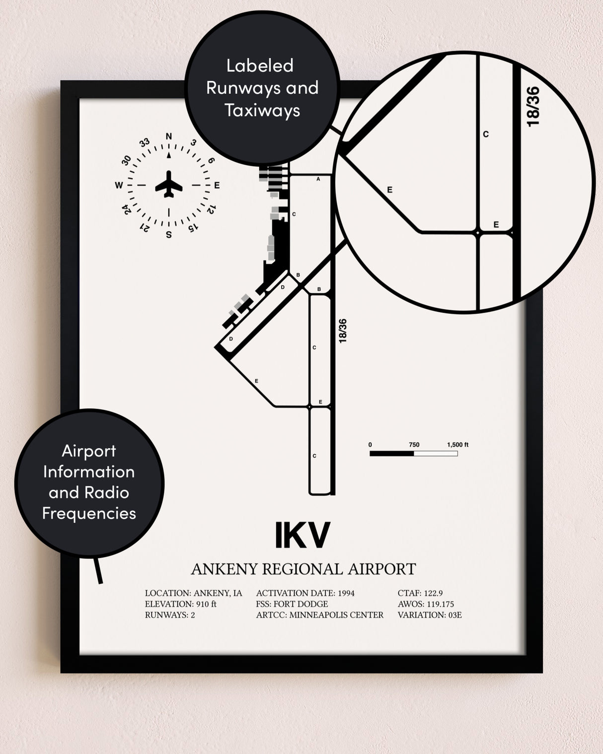 Framed Ankeny Regional Airport layout wall art poster
