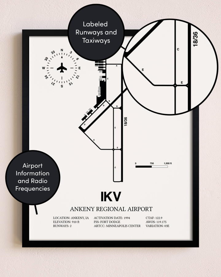 Framed Ankeny Regional Airport layout wall art poster