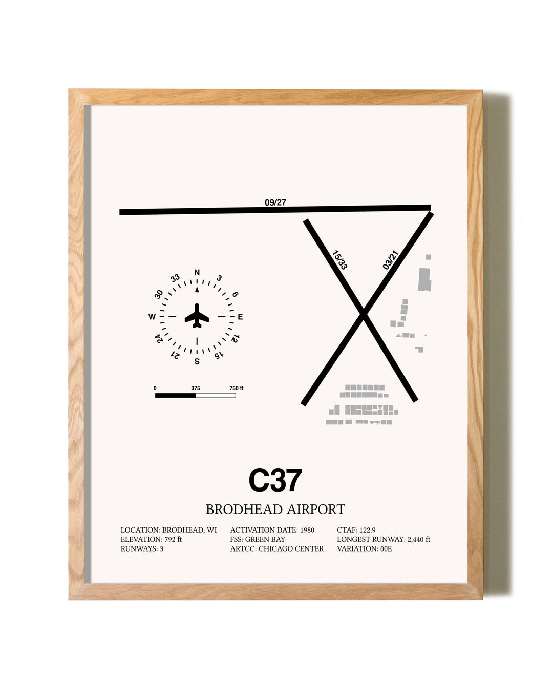 Brodhead Airport framed print in natural wood frame