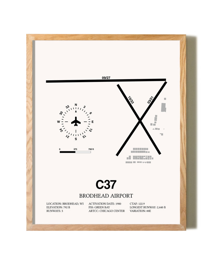 Brodhead Airport framed print in natural wood frame