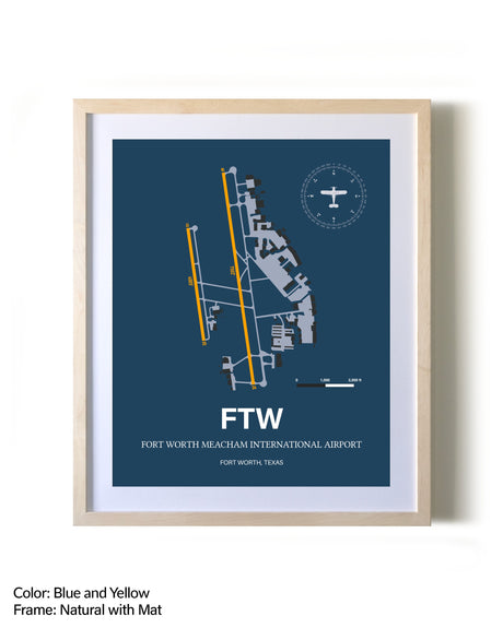 Fort Worth Meacham International Airport framed print in natural wood frame with mat