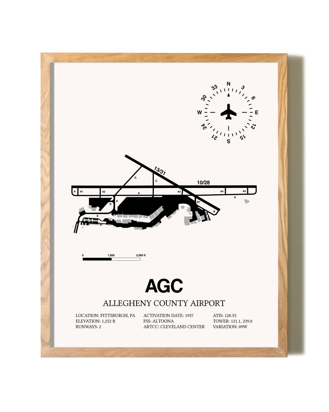 Allegheny County Airport framed print in natural wood frame