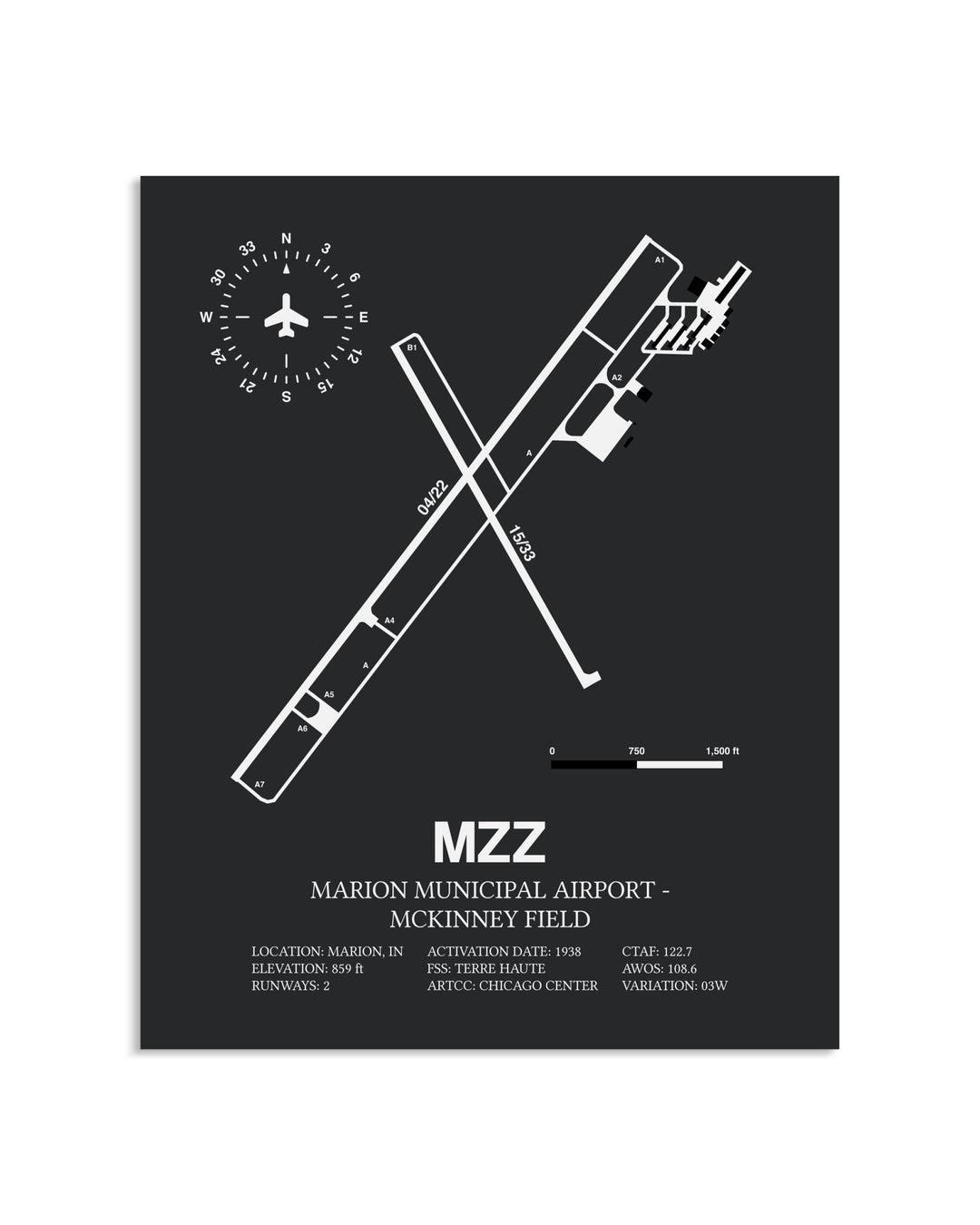 Gray Framed Marion Municipal Airport-McKinney Field layout wall art poster