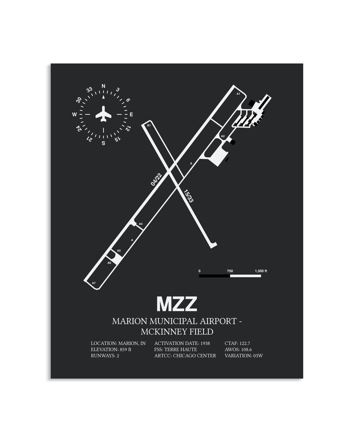 Gray Framed Marion Municipal Airport-McKinney Field layout wall art poster