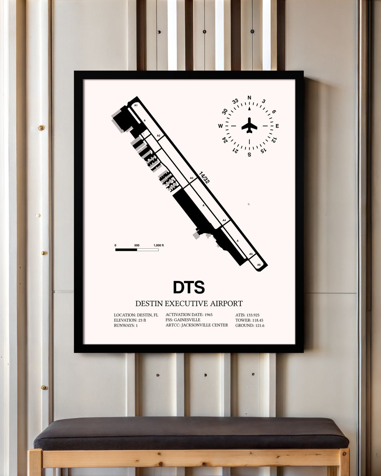 Destin Executive Airport framed poster displayed in an airplane hangar