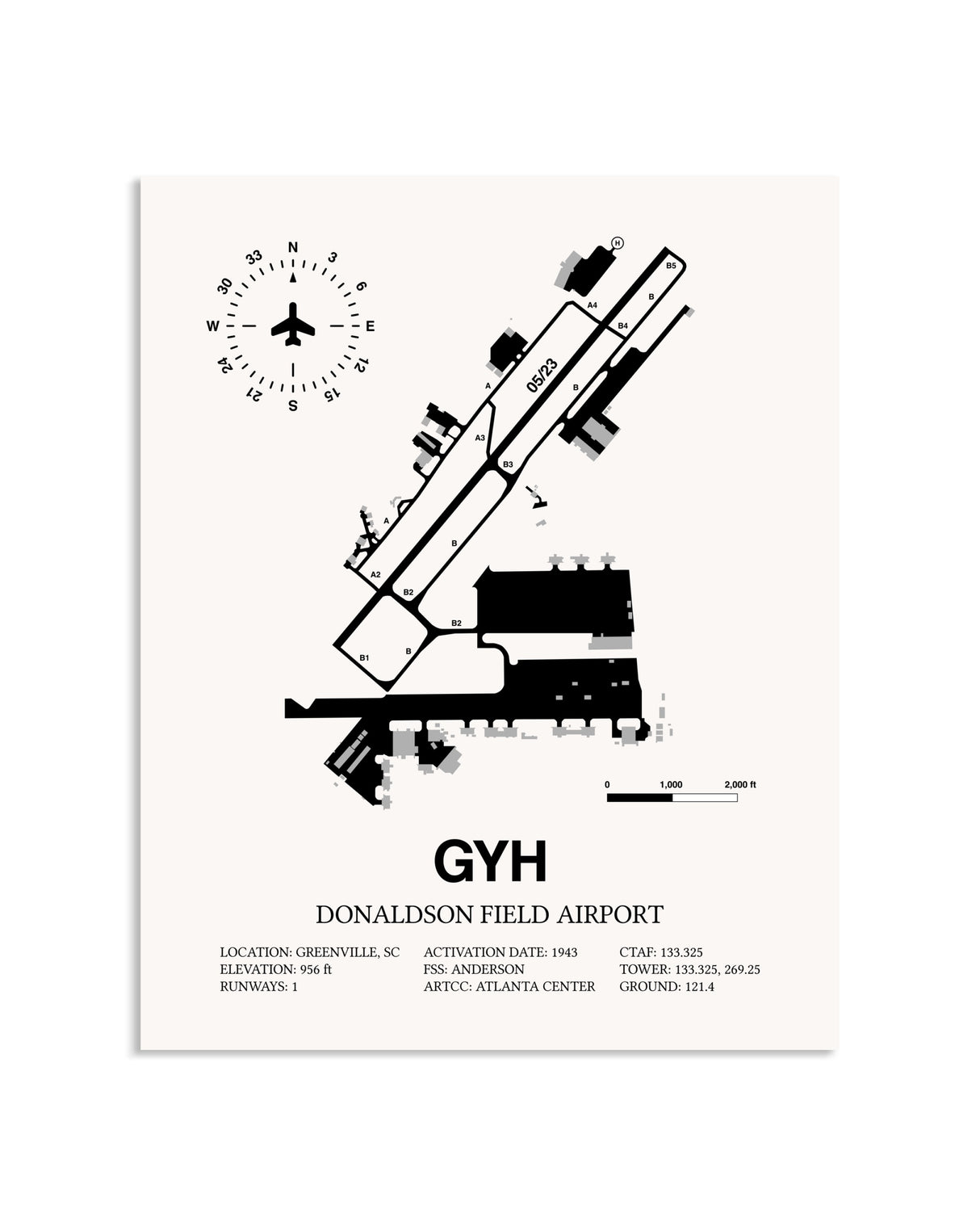 Gray Donaldson Field Airport framed poster displayed in an airplane hangar