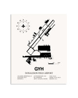 Gray Donaldson Field Airport framed poster displayed in an airplane hangar