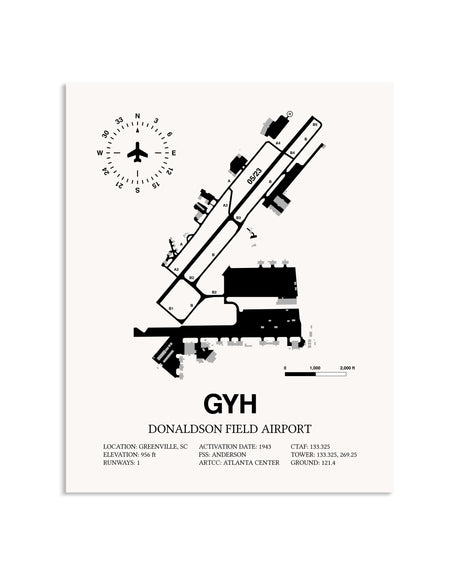 Gray Donaldson Field Airport framed poster displayed in an airplane hangar