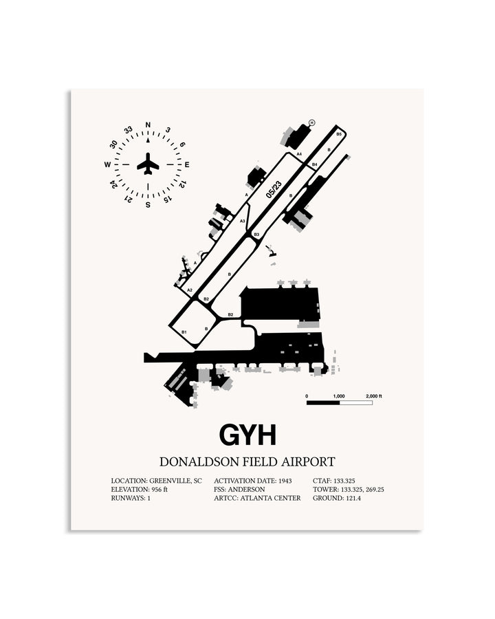 Gray Donaldson Field Airport framed poster displayed in an airplane hangar