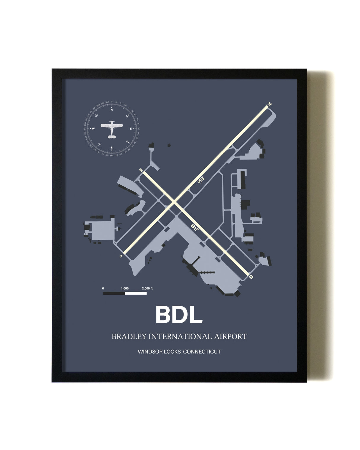 Blue and Cream Framed Bradley International Airport layout wall art poster