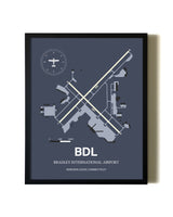 Blue and Cream Framed Bradley International Airport layout wall art poster