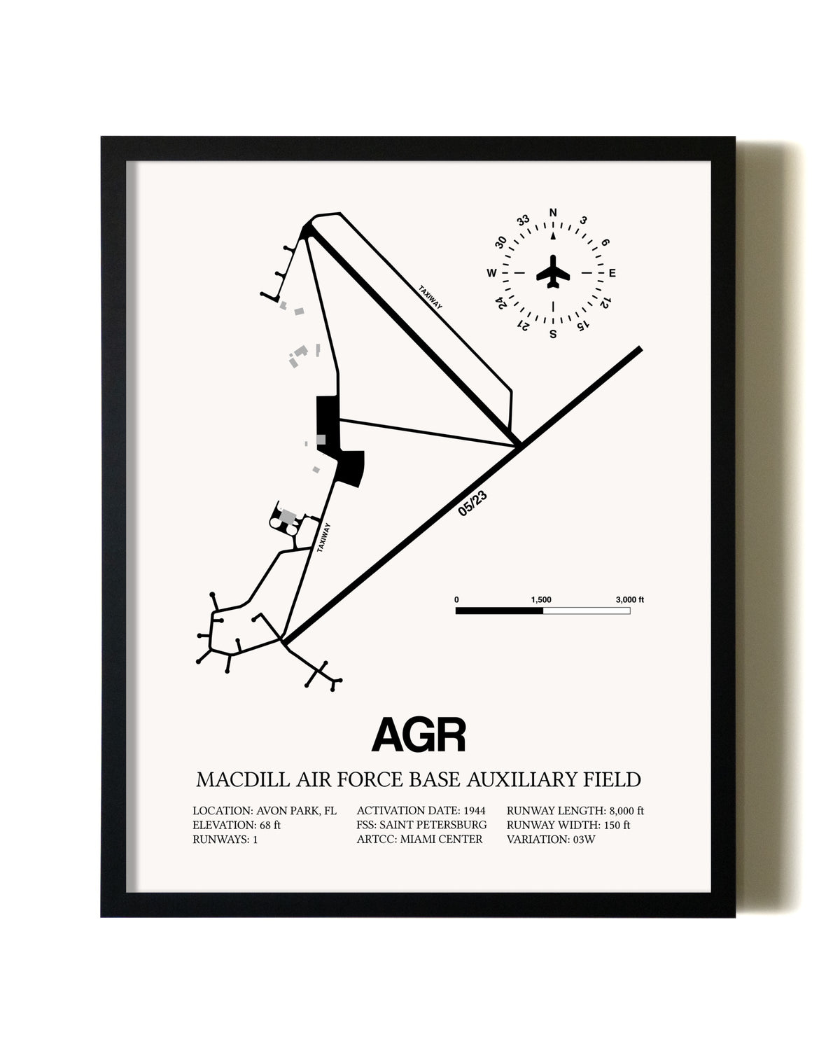 Framed MacDill Air Force Base Auxiliary Field wall art poster in black frame