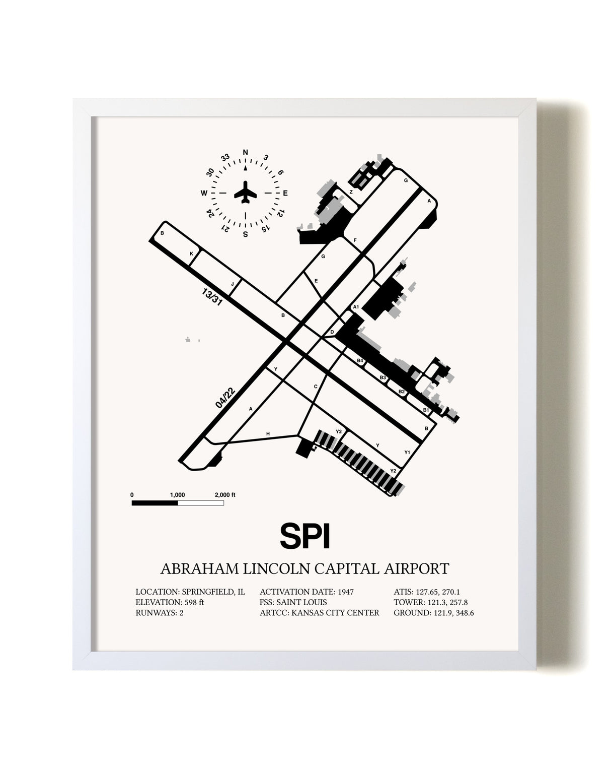 Abraham Lincoln Capital Airport airport map poster in oak frame