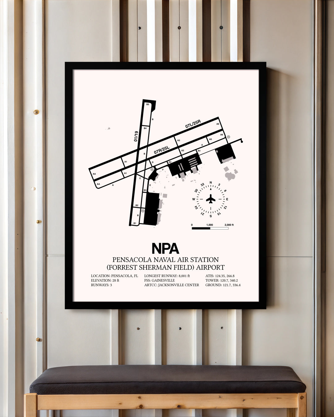 Pensacola Naval Air Station (Forrest Sherman Field) Airport framed poster displayed in an airplane hangar