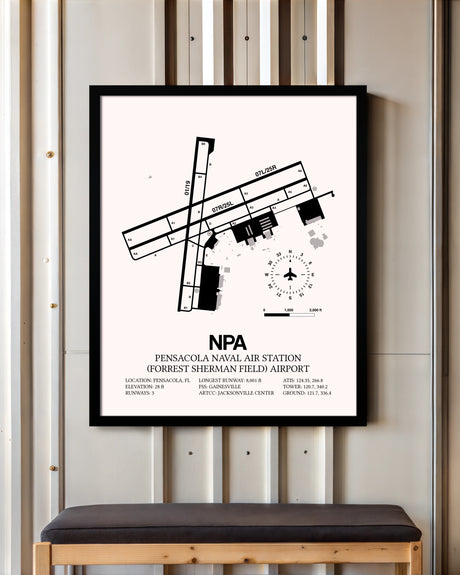Pensacola Naval Air Station (Forrest Sherman Field) Airport framed poster displayed in an airplane hangar