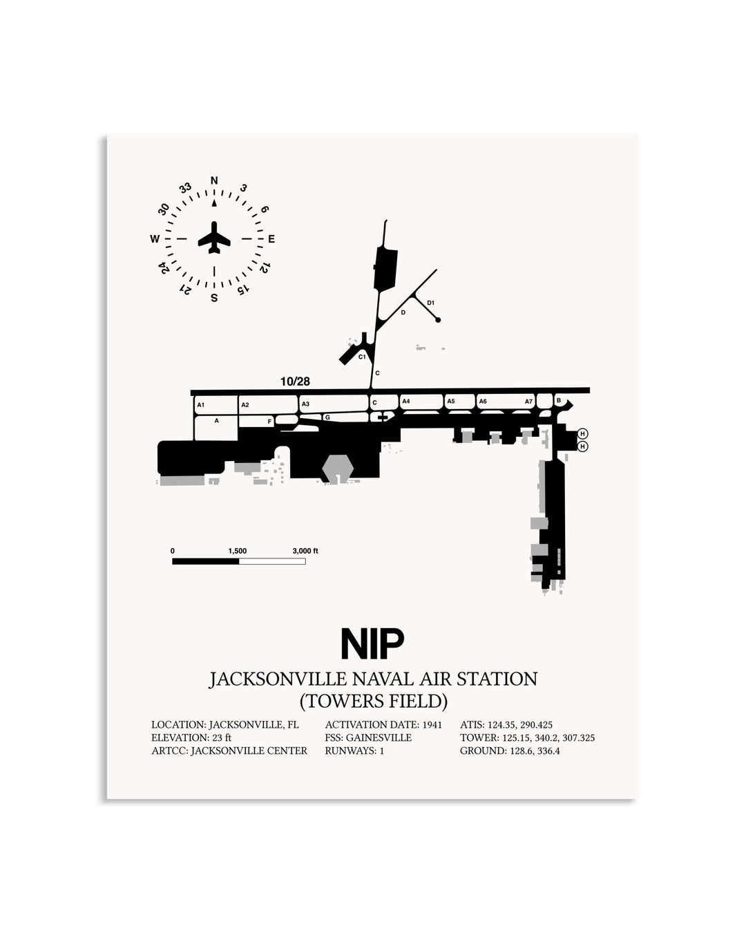 Gray Jacksonville Naval Air Station (Towers Field) framed poster displayed in an airplane hangar