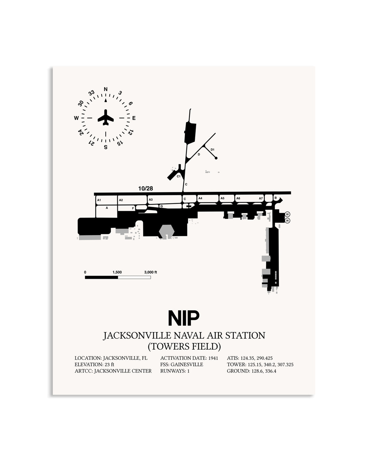 Gray Jacksonville Naval Air Station (Towers Field) framed poster displayed in an airplane hangar