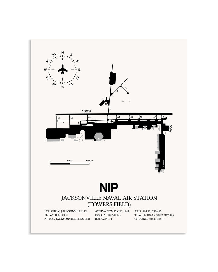 Gray Jacksonville Naval Air Station (Towers Field) framed poster displayed in an airplane hangar