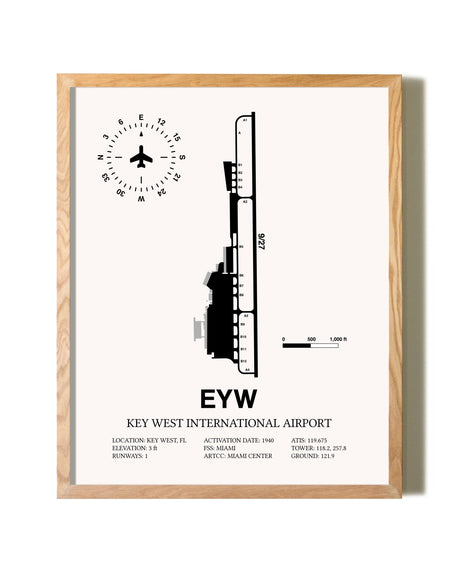 Key West International Airport framed print in natural wood frame