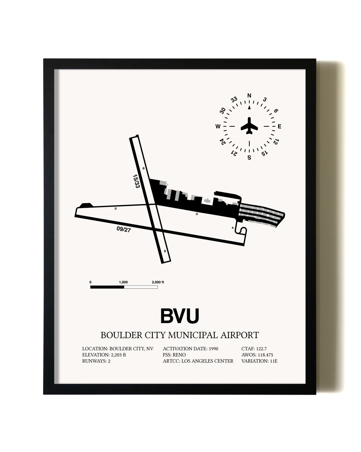 Framed Boulder City Municipal Airport wall art poster in black frame