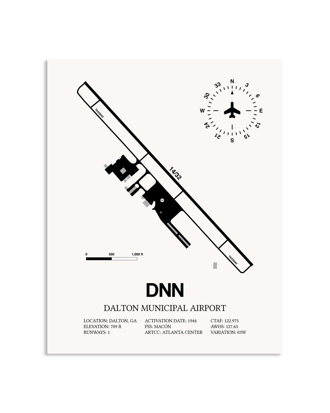 Gray Dalton Municipal Airport framed poster displayed in an airplane hangar