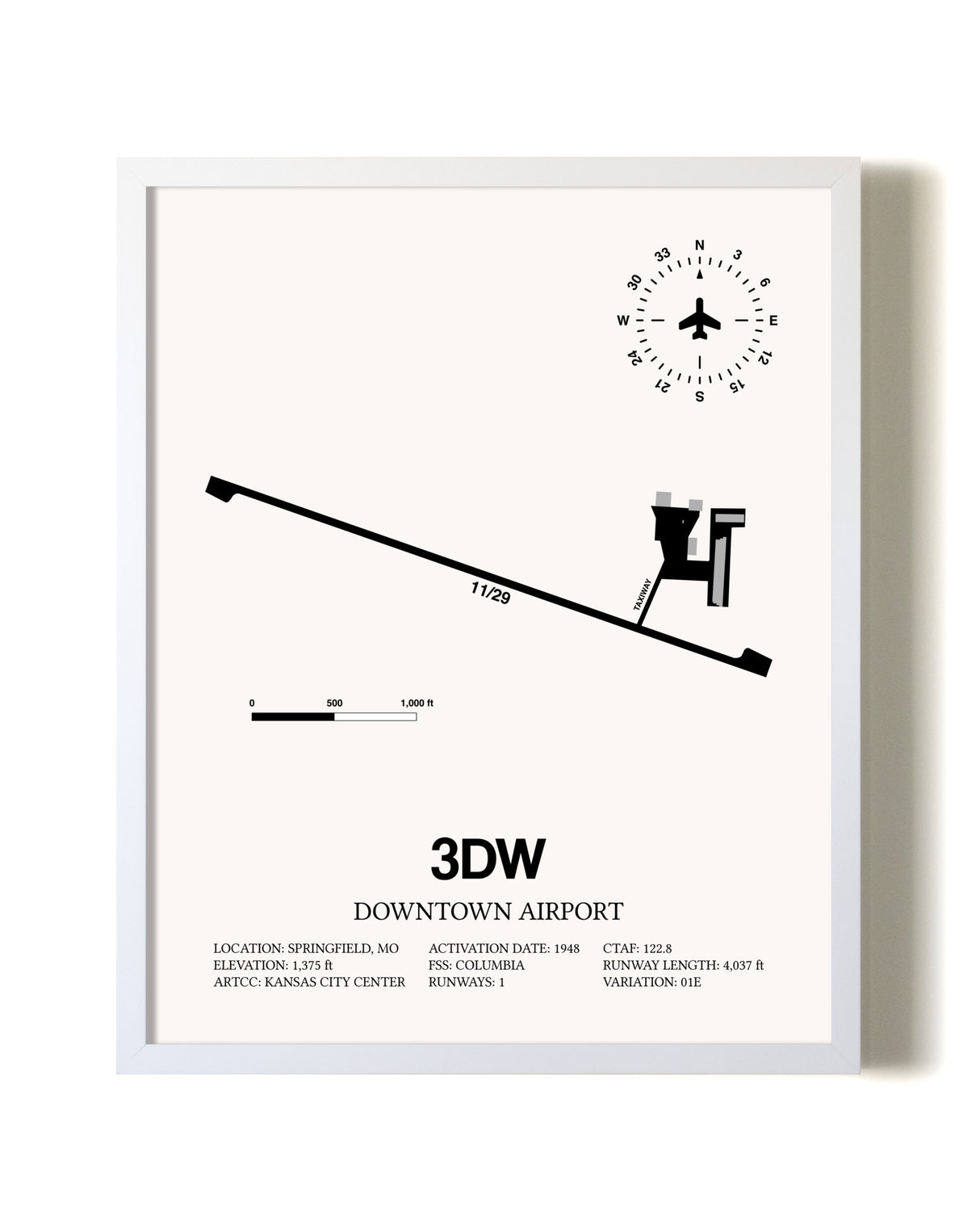 Downtown Airport airport map poster in oak frame