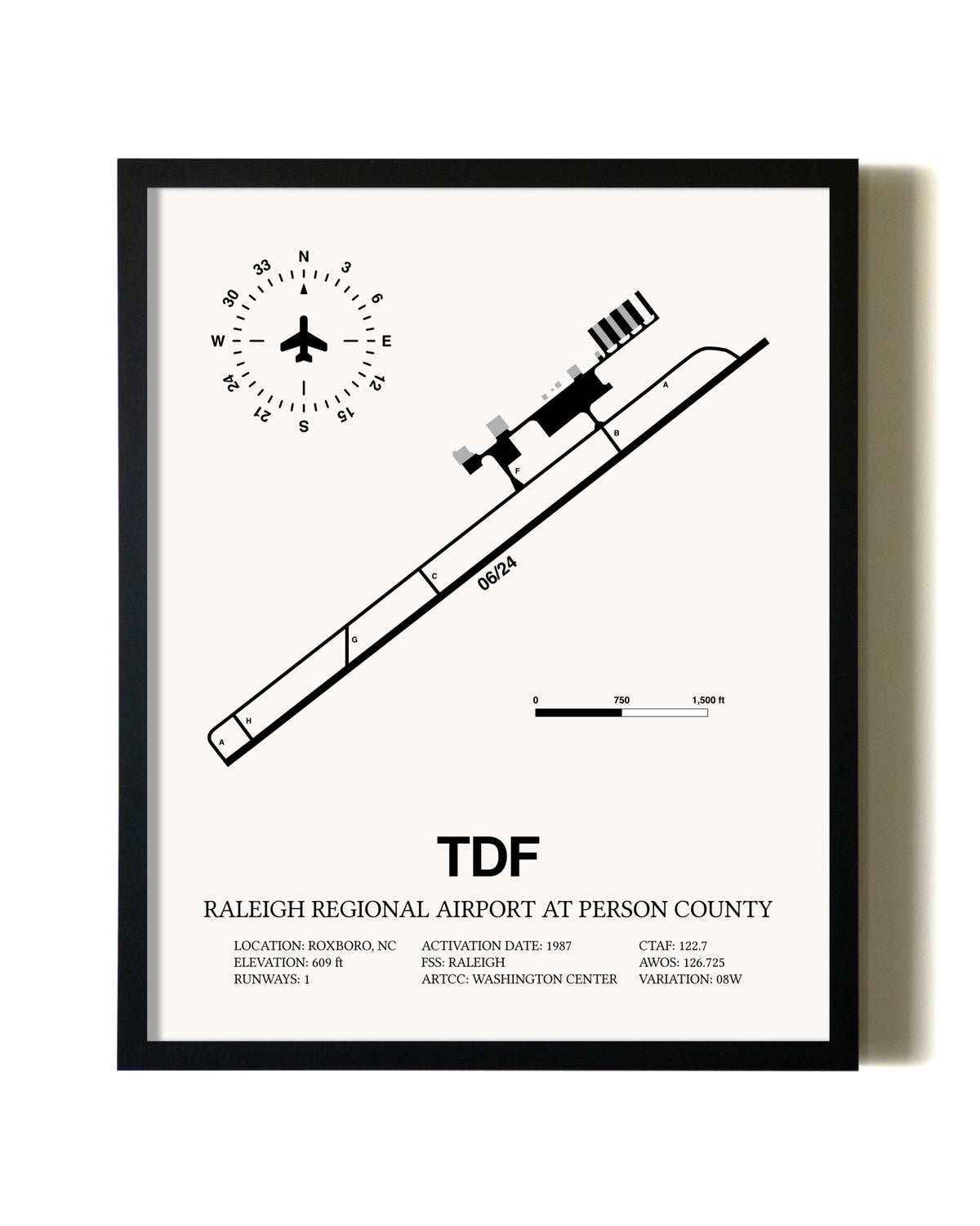 Framed Raleigh Regional Airport At Person County wall art poster in black frame