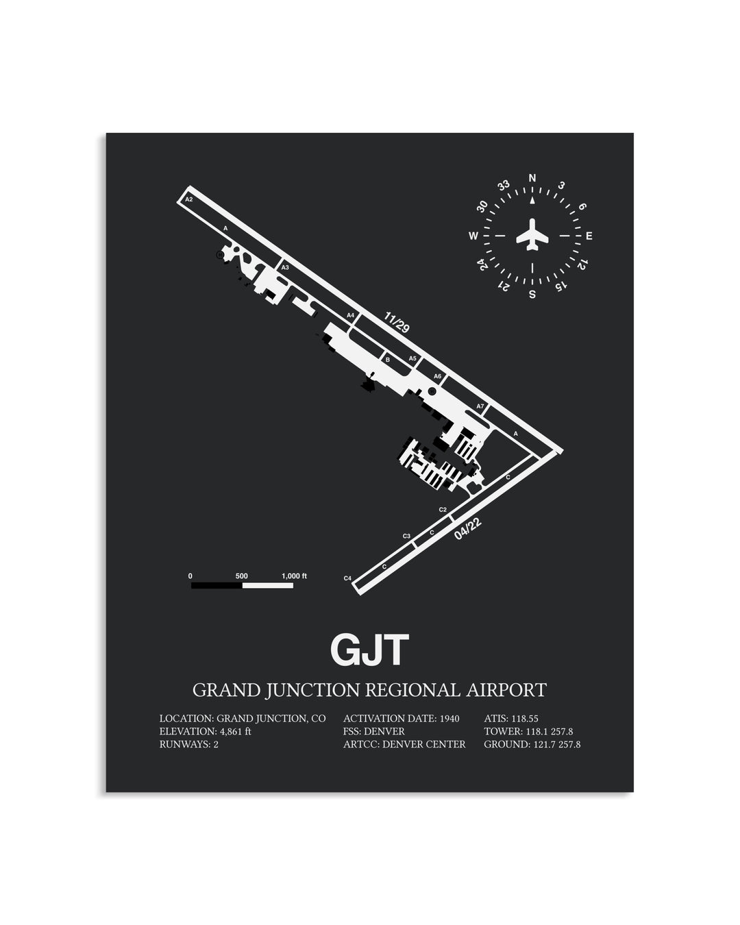 Gray Framed Grand Junction Regional Airport layout wall art poster