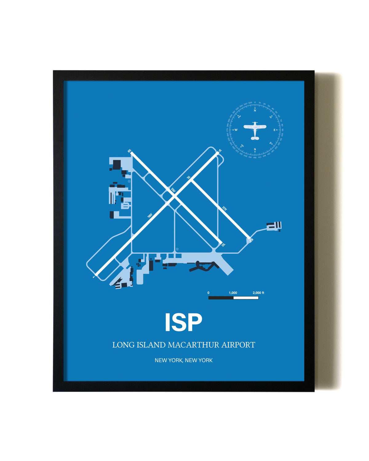 Sky Blue Long Island Mac Arthur Airport aviation wall décor in black wood frame