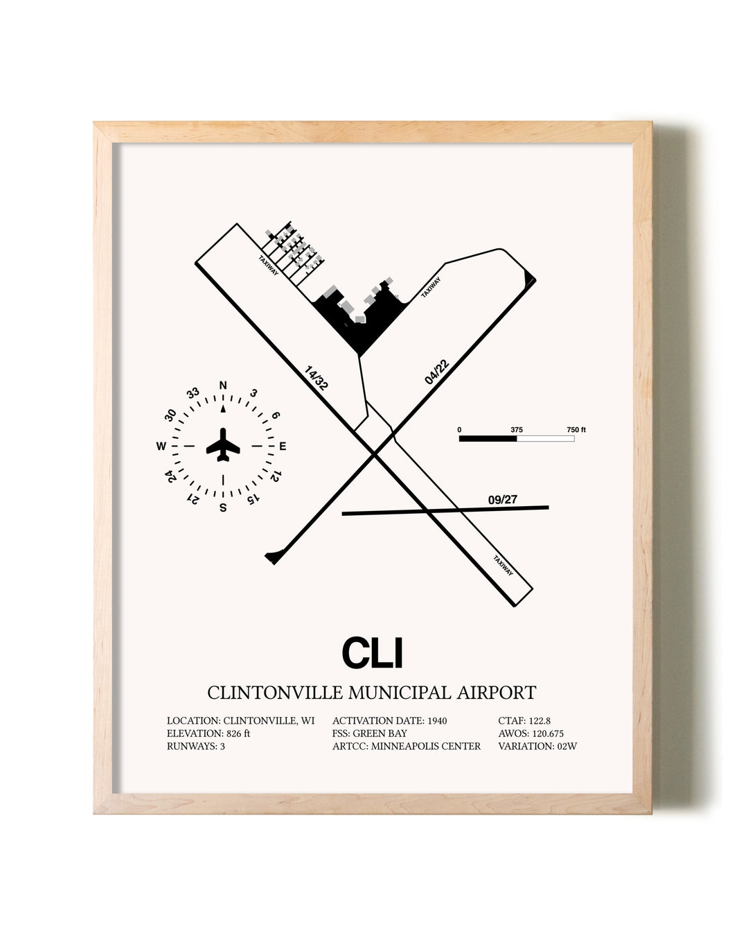 Clintonville Municipal Airport framed wall art in white frame