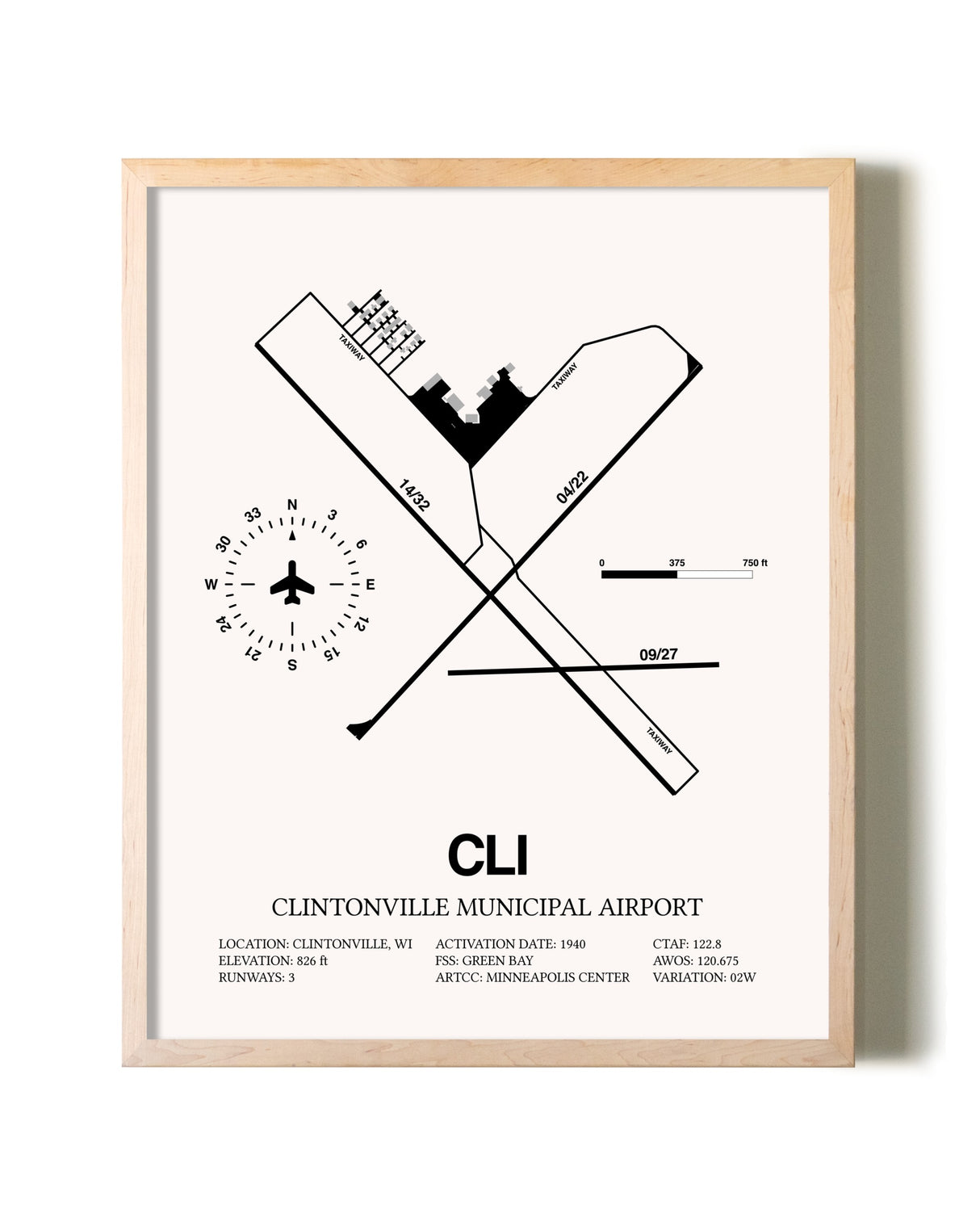 Clintonville Municipal Airport framed wall art in white frame
