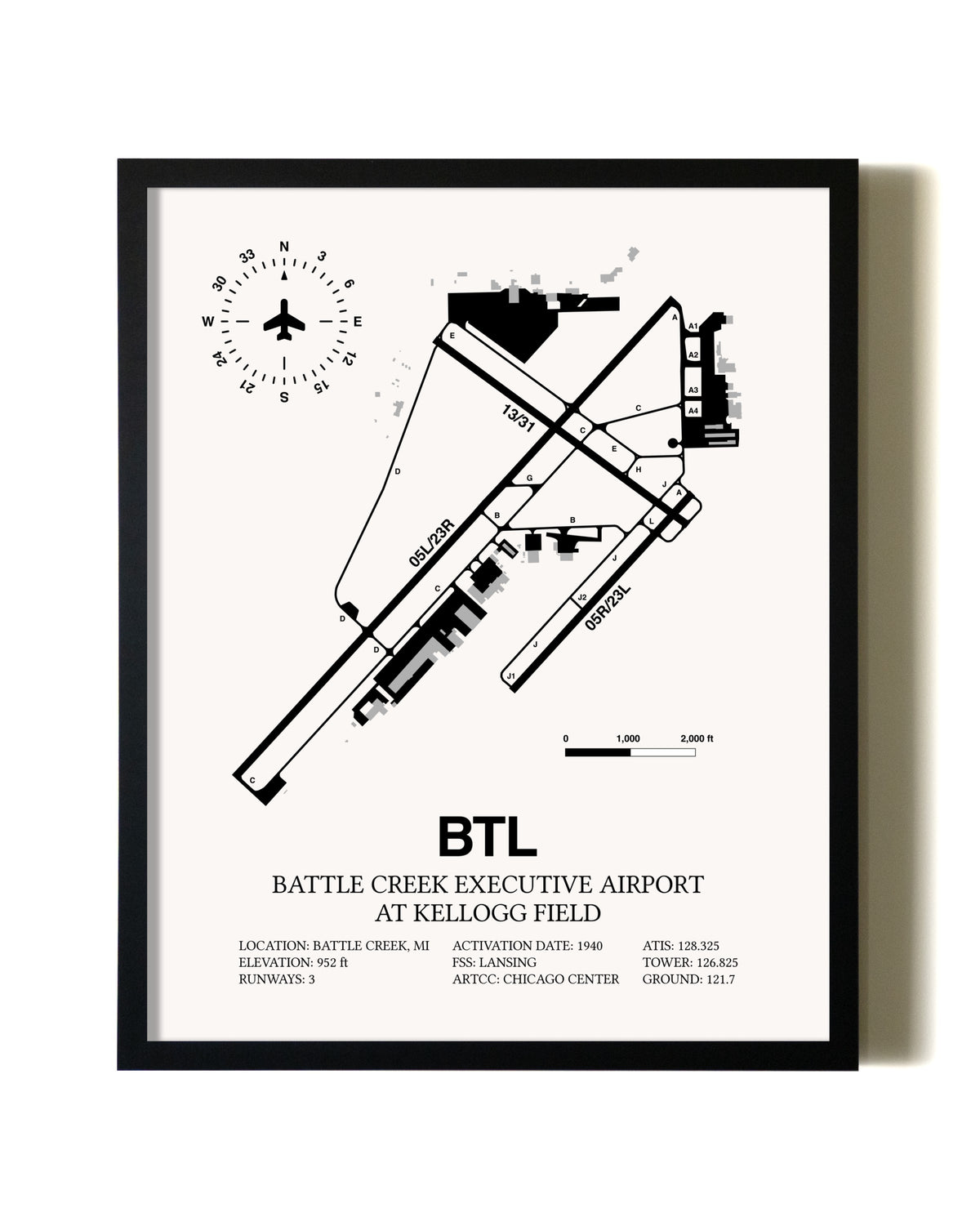 Framed Battle Creek Executive Airport At Kellogg Field wall art poster in black frame